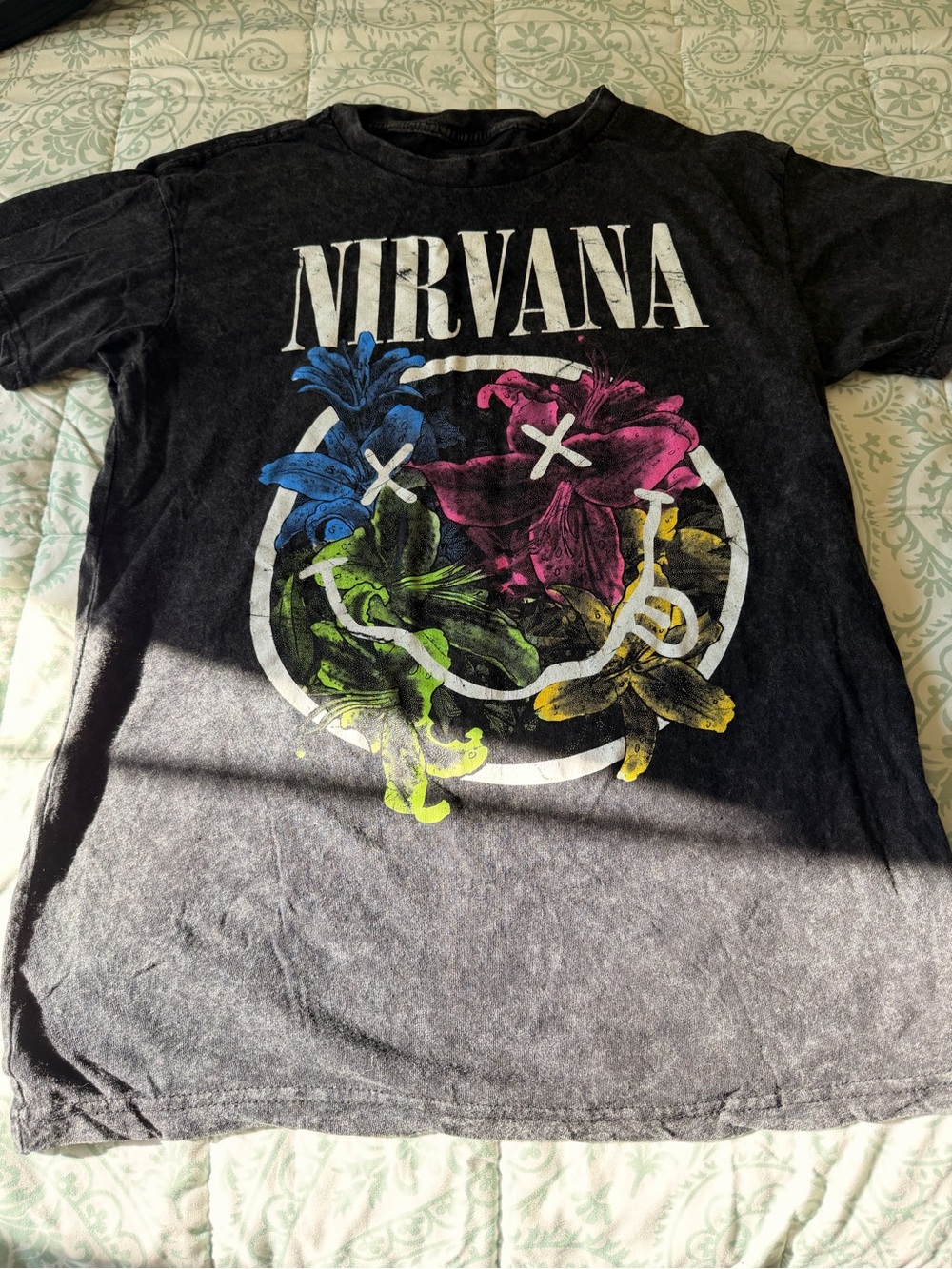 H&M Black Nirvana Short Sleeve Tee with Blue Pink Green Yellow Graphic
